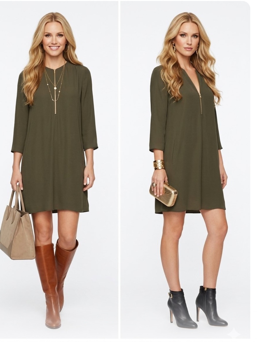 Theory Antazie Drapey Crepe Shift Drezz Olive or Military Green Zip-Front R395